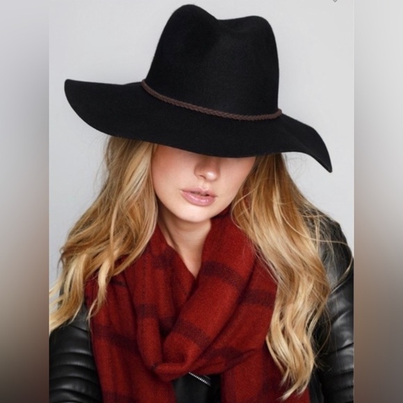 NEW Wool Black felt wide brim panama hat with suede braided ribbon detail - Picture 5 of 6